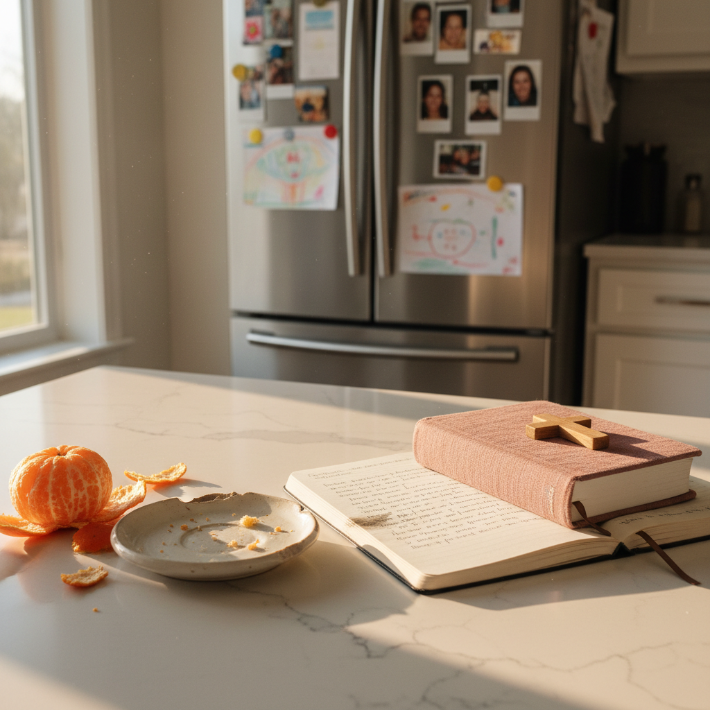 A sunlit kitchen counter made of lightly veined white quartz, scattered with everyday evidence of real life: a half-peeled clementine, a chipped ceramic plate with crumbs, an open journal with slightly smudged ink, and a closed linen-covered devotional book stacked on top. In the distance, a refrigerator is covered with overlapping photos, children’s drawings, and a crookedly placed magnet cross. Soft morning light filters in from a nearby window, washing the scene in gentle brightness and casting soft shadows. Photographic realism, shot from a slightly elevated angle, using natural light and a shallow depth of field to emphasize the beauty and holiness found in ordinary, unpolished moments.